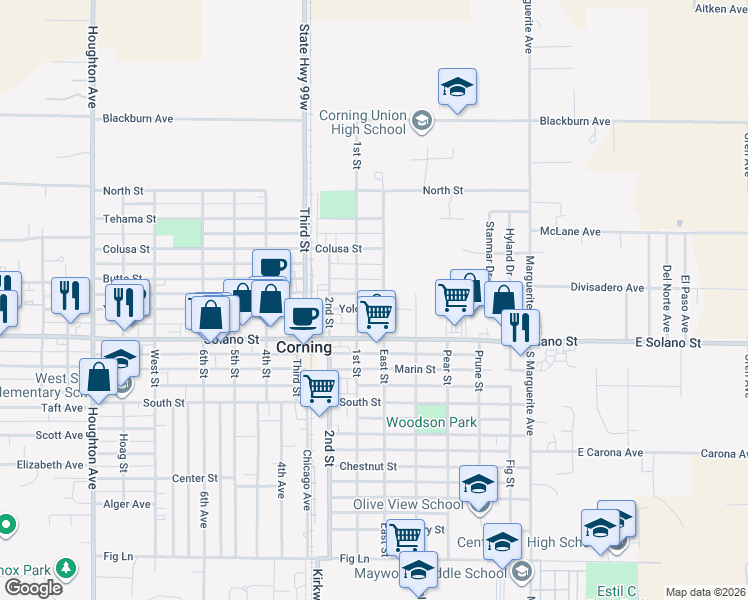 map of restaurants, bars, coffee shops, grocery stores, and more near 810 Yolo Street in Corning