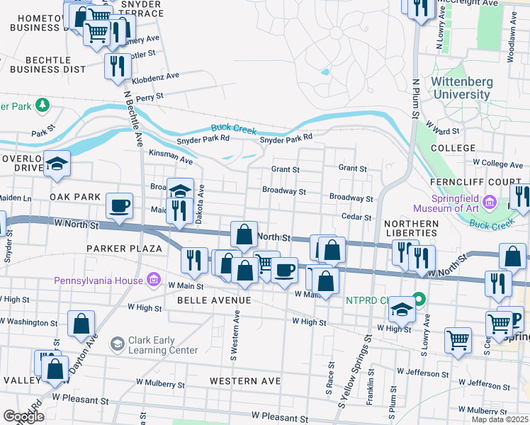 map of restaurants, bars, coffee shops, grocery stores, and more near 908 West North Street in Springfield