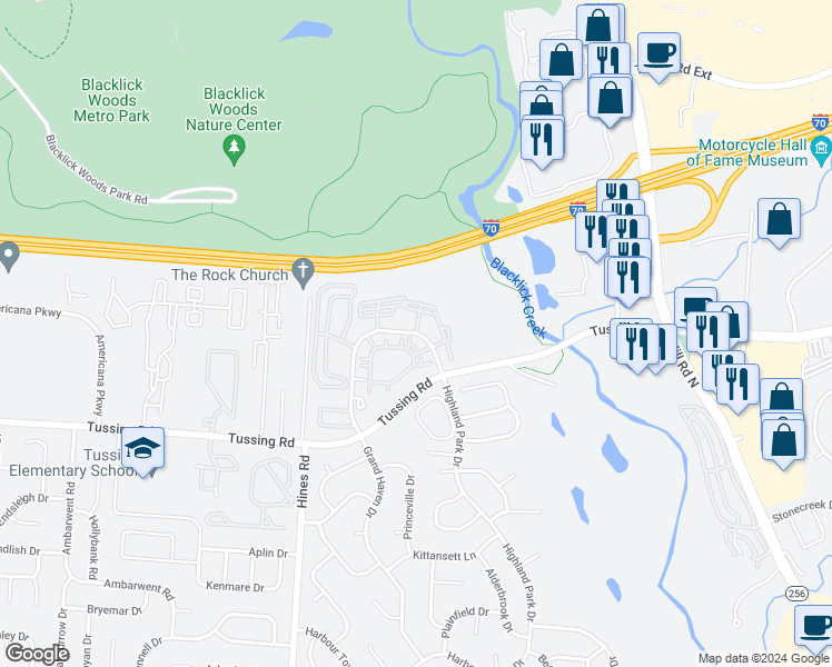 map of restaurants, bars, coffee shops, grocery stores, and more near Prendergast Place in Reynoldsburg