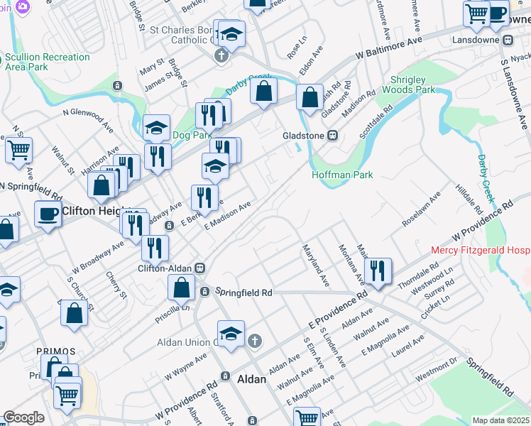 map of restaurants, bars, coffee shops, grocery stores, and more near 137 West Maryland Avenue in Aldan