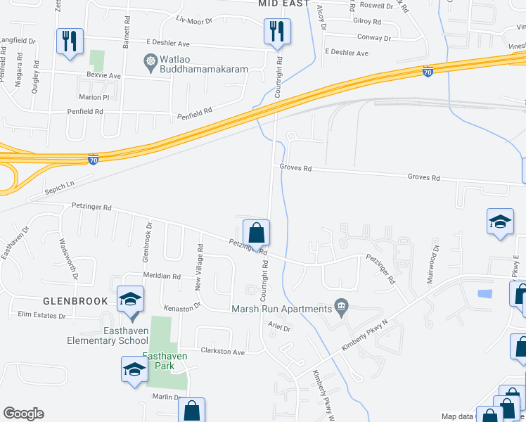 map of restaurants, bars, coffee shops, grocery stores, and more near 2113 Courtright Road in Columbus
