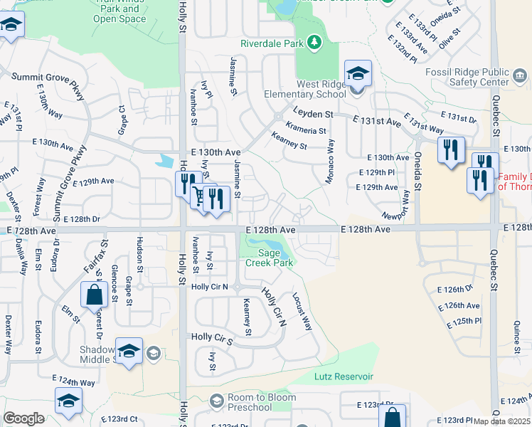 map of restaurants, bars, coffee shops, grocery stores, and more near 12808 East 128th Avenue in Thornton