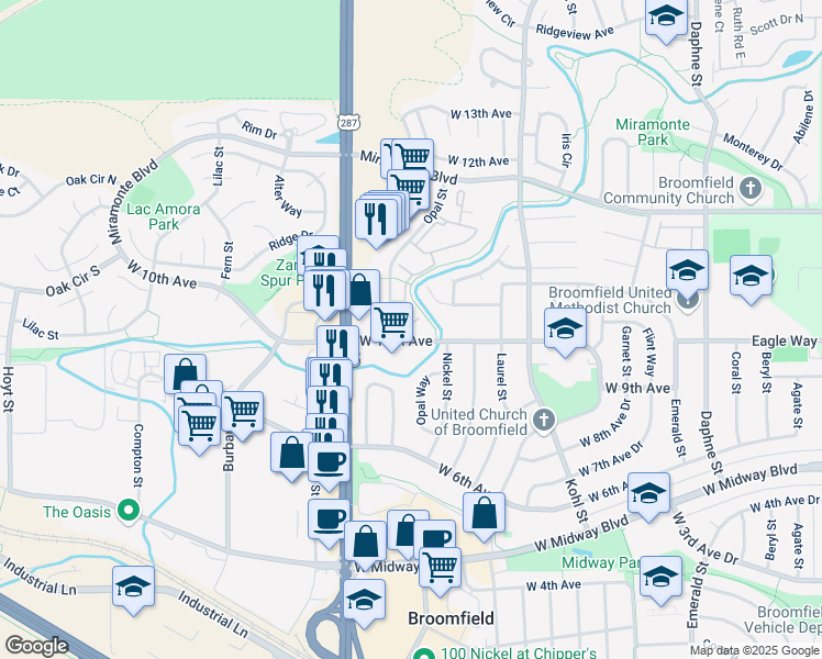 map of restaurants, bars, coffee shops, grocery stores, and more near 1600 West 10th Avenue in Broomfield