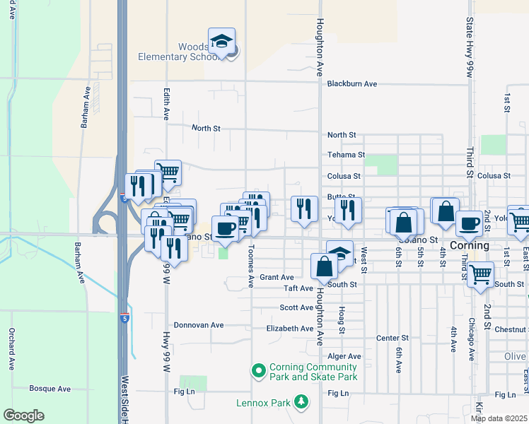 map of restaurants, bars, coffee shops, grocery stores, and more near 1936 Solano St in Corning