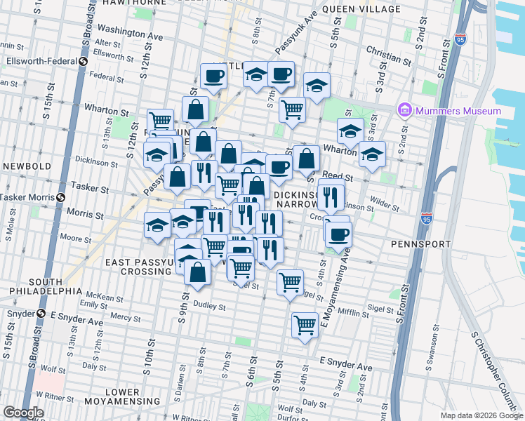 map of restaurants, bars, coffee shops, grocery stores, and more near 619 Fernon Street in Philadelphia