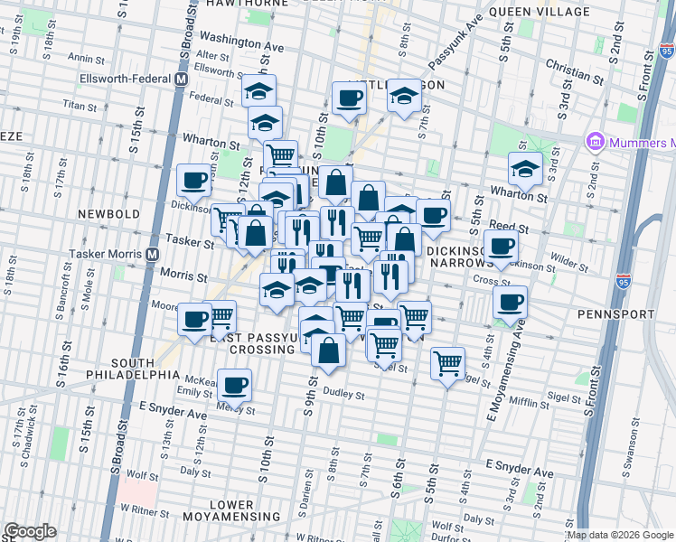 map of restaurants, bars, coffee shops, grocery stores, and more near 807 Mountain Street in Philadelphia