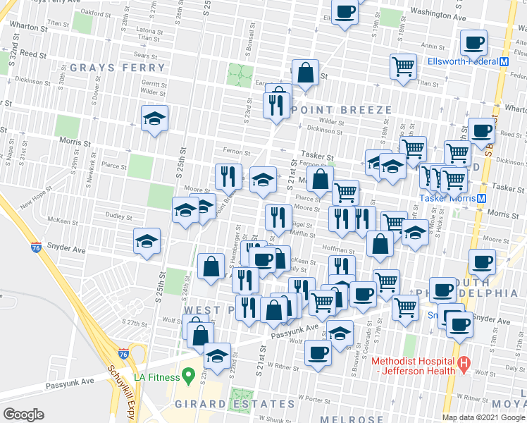 map of restaurants, bars, coffee shops, grocery stores, and more near 2129 Mifflin Street in Philadelphia