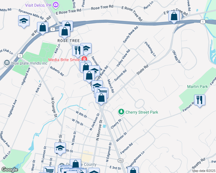 map of restaurants, bars, coffee shops, grocery stores, and more near 28 Mancil Road in Media