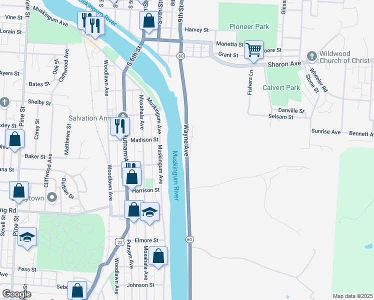 map of restaurants, bars, coffee shops, grocery stores, and more near 401-499 Wayne Ave in Zanesville