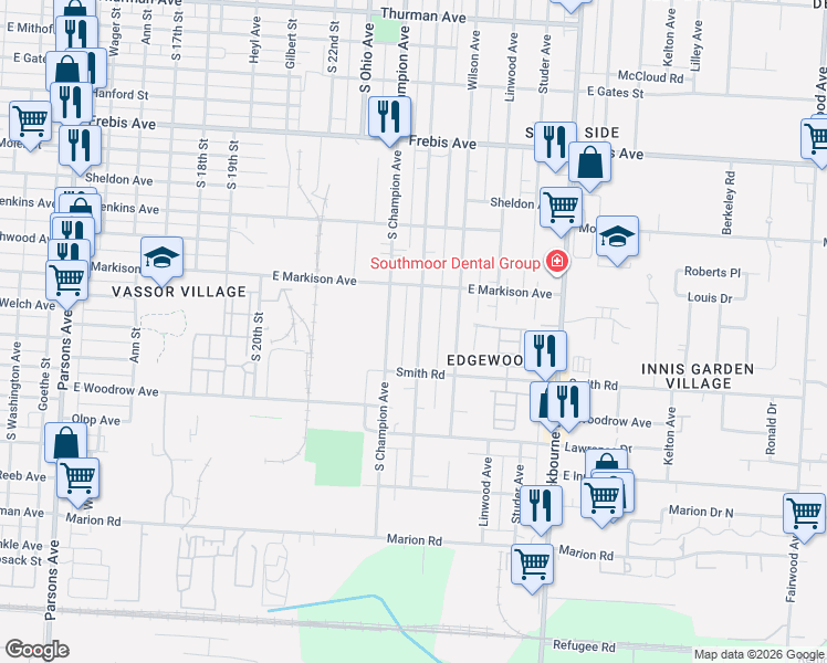 map of restaurants, bars, coffee shops, grocery stores, and more near 1779 Oakwood Avenue in Columbus