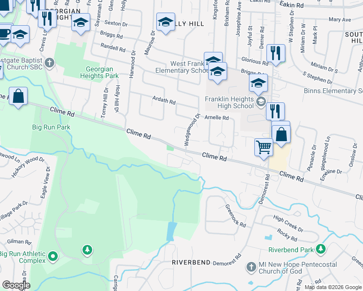 map of restaurants, bars, coffee shops, grocery stores, and more near 3835 Plane Tree Drive West in Columbus