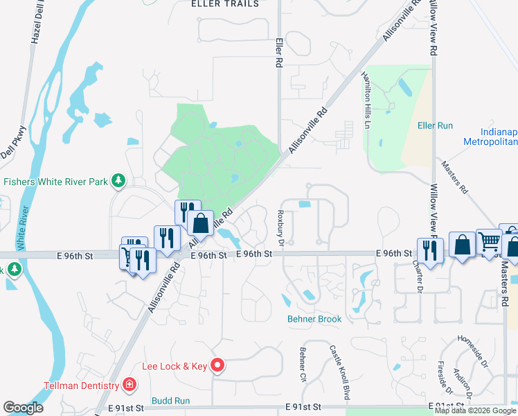 map of restaurants, bars, coffee shops, grocery stores, and more near 9664 Highgate Circle North in Indianapolis