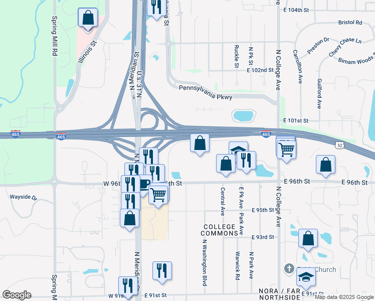 map of restaurants, bars, coffee shops, grocery stores, and more near 250 East 96th Street in Indianapolis