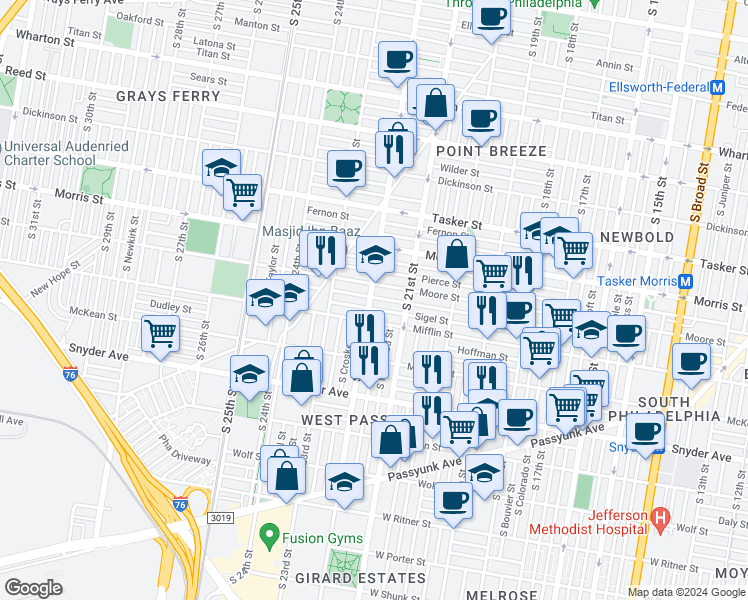 map of restaurants, bars, coffee shops, grocery stores, and more near 1819 South 22nd Street in Philadelphia