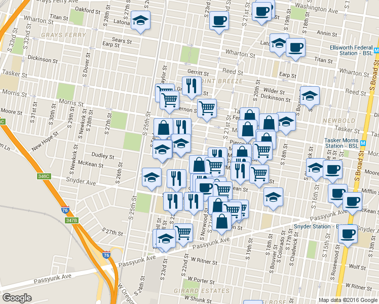 map of restaurants, bars, coffee shops, grocery stores, and more near 2241 Sigel St in Philadelphia