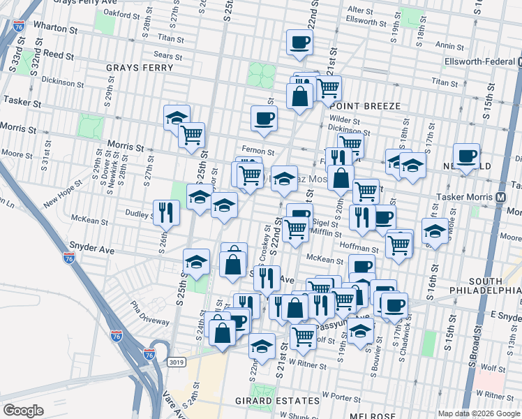 map of restaurants, bars, coffee shops, grocery stores, and more near 2220 Mifflin Street in Philadelphia
