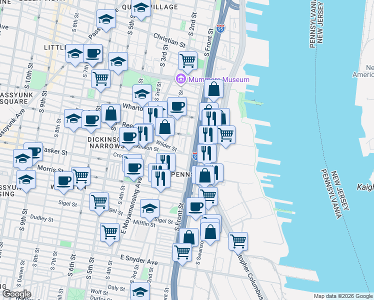 map of restaurants, bars, coffee shops, grocery stores, and more near 1502 South Front Street in Philadelphia