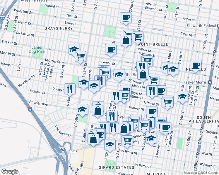 map of restaurants, bars, coffee shops, grocery stores, and more near 2241 Sigel Street in Philadelphia