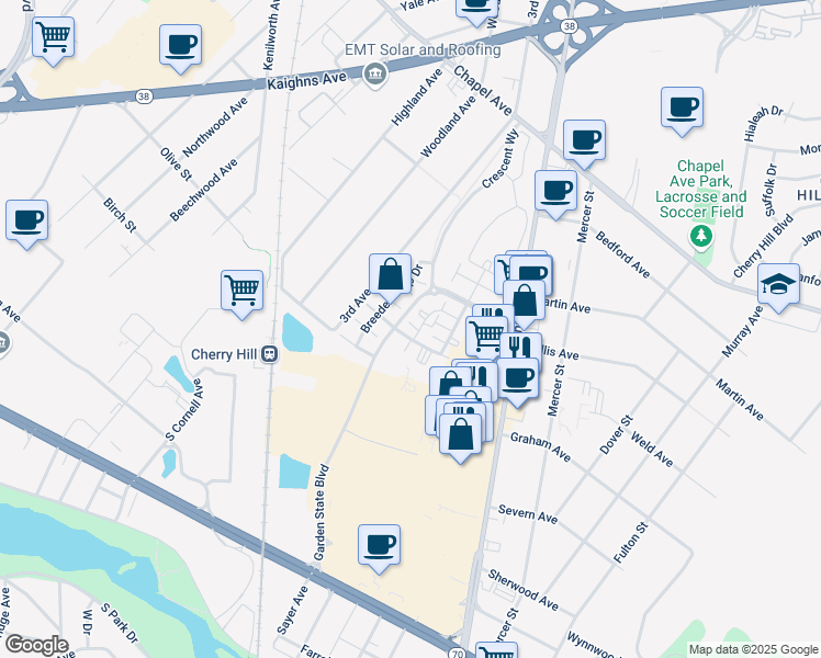 map of restaurants, bars, coffee shops, grocery stores, and more near 4105 Lexington Court in Cherry Hill