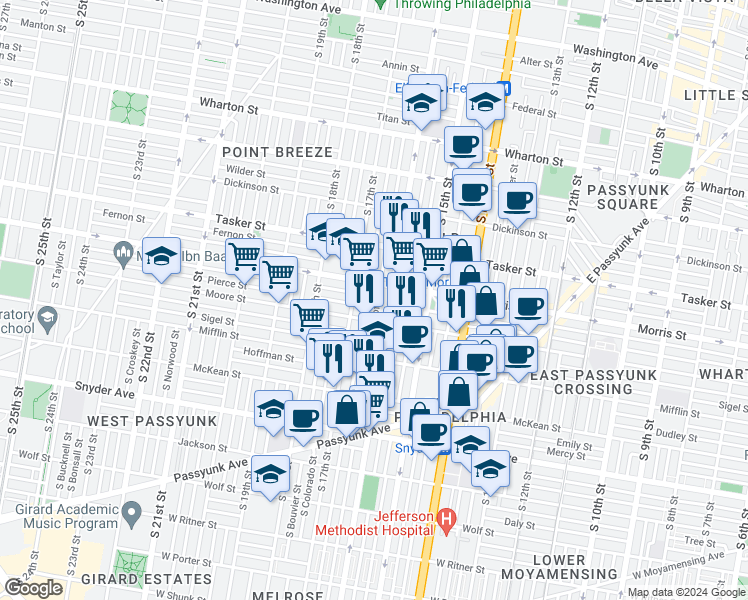 map of restaurants, bars, coffee shops, grocery stores, and more near 1724 South Bancroft Street in Philadelphia