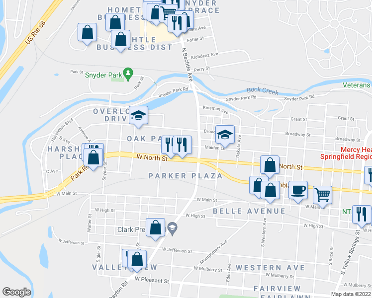 map of restaurants, bars, coffee shops, grocery stores, and more near 1431 Maiden Lane in Springfield