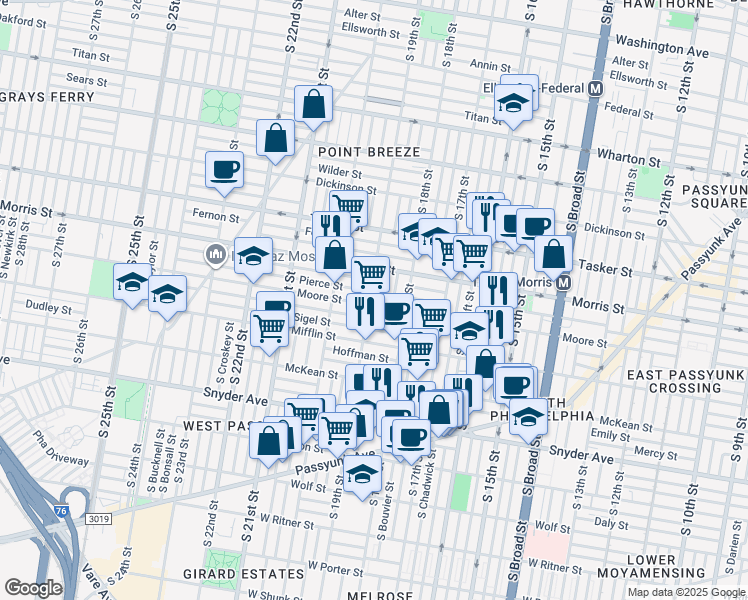 map of restaurants, bars, coffee shops, grocery stores, and more near 1854 McClellan Street in Philadelphia