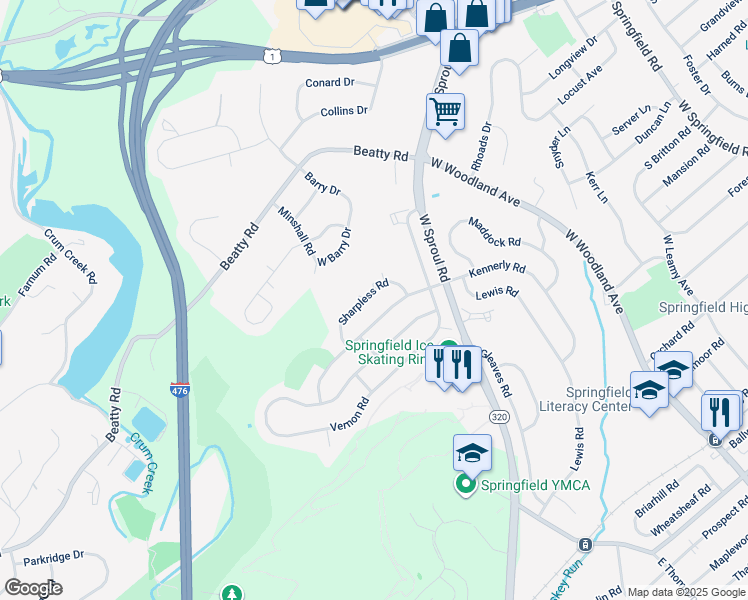 map of restaurants, bars, coffee shops, grocery stores, and more near 522 Sharpless Road in Springfield