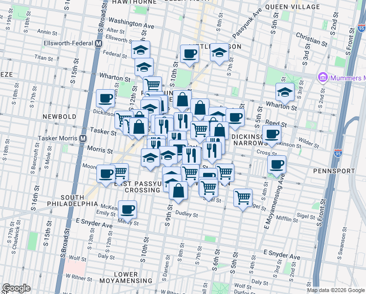 map of restaurants, bars, coffee shops, grocery stores, and more near 807 Mountain Street in Philadelphia