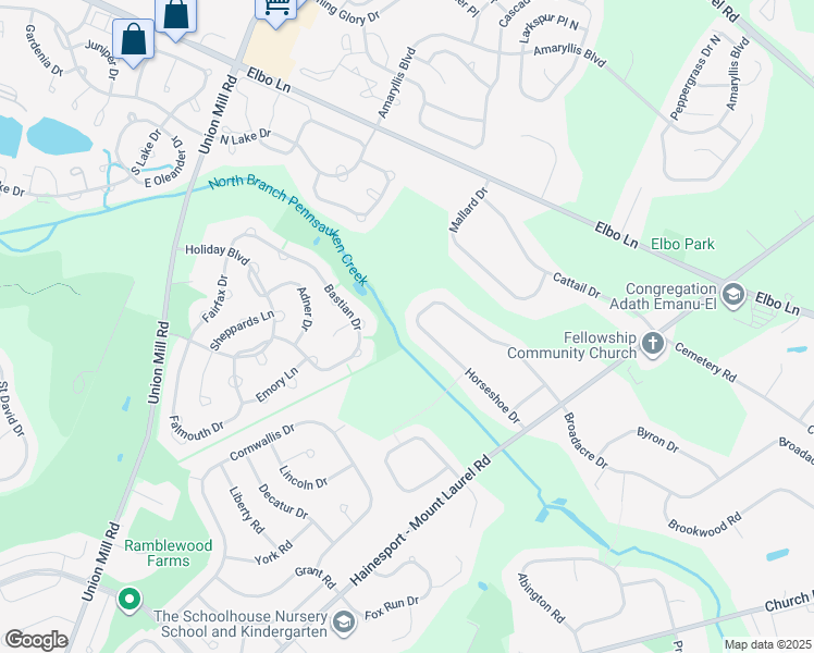 map of restaurants, bars, coffee shops, grocery stores, and more near 27 Horseshoe Drive in Mount Laurel Township