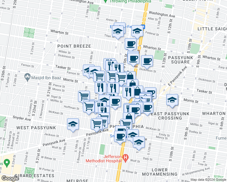 map of restaurants, bars, coffee shops, grocery stores, and more near 1715 South Mole Street in Philadelphia