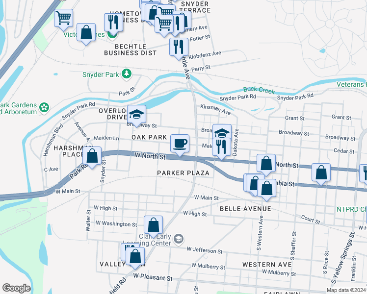 map of restaurants, bars, coffee shops, grocery stores, and more near 1429 Maiden Lane in Springfield