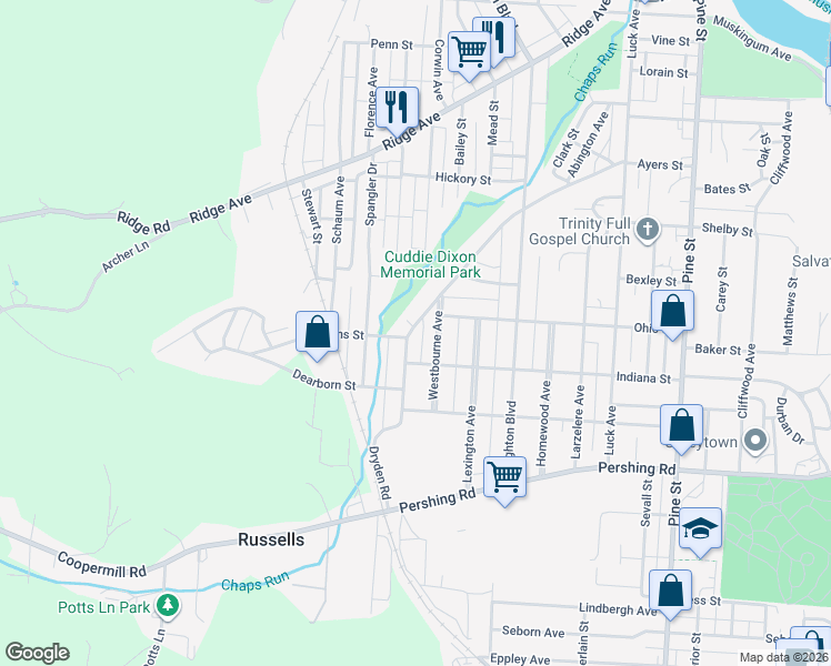 map of restaurants, bars, coffee shops, grocery stores, and more near 751 Westbourne Avenue in Zanesville