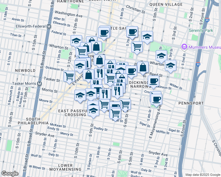 map of restaurants, bars, coffee shops, grocery stores, and more near 1541 South 8th Street in Philadelphia