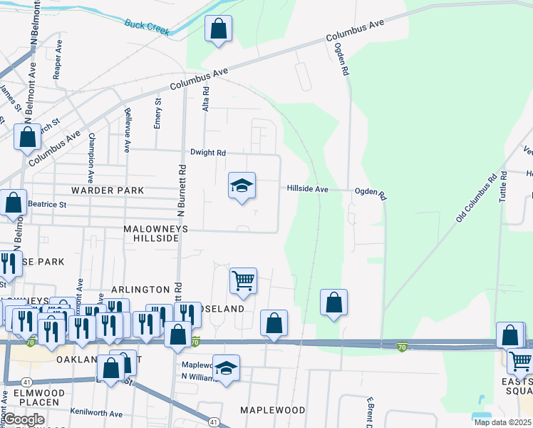map of restaurants, bars, coffee shops, grocery stores, and more near 2820 Hillside Avenue in Springfield