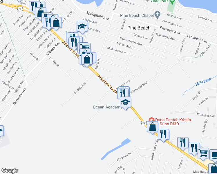 map of restaurants, bars, coffee shops, grocery stores, and more near 106 Atlantic City Boulevard in Berkeley Township