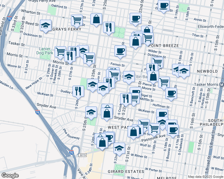 map of restaurants, bars, coffee shops, grocery stores, and more near 1829 Point Breeze Avenue in Philadelphia