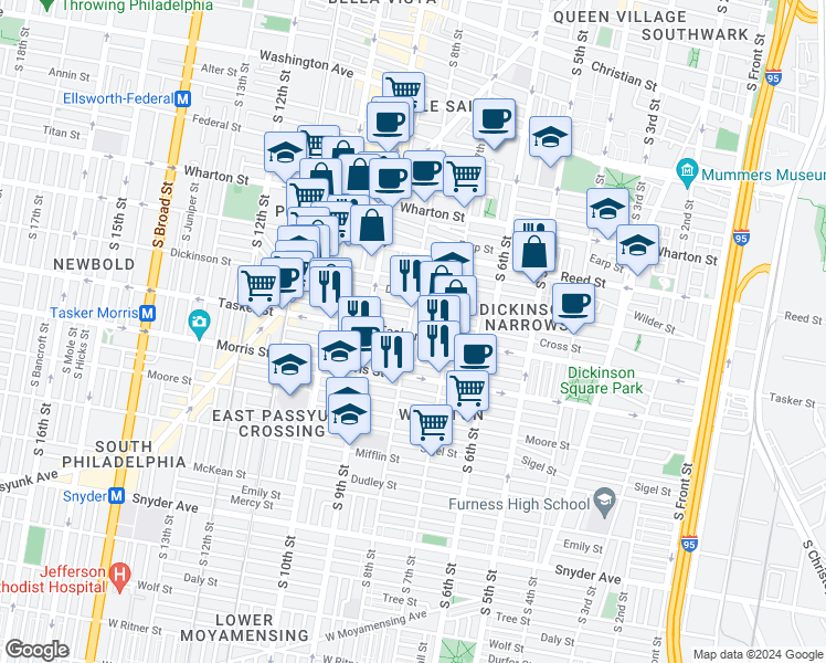 map of restaurants, bars, coffee shops, grocery stores, and more near 1541 South 8th Street in Philadelphia