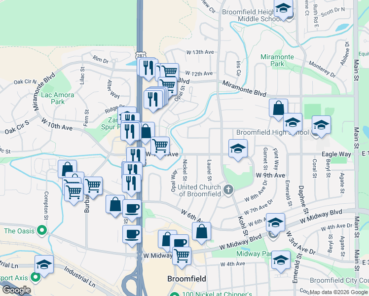 map of restaurants, bars, coffee shops, grocery stores, and more near 1445 Snowberry Lane in Broomfield
