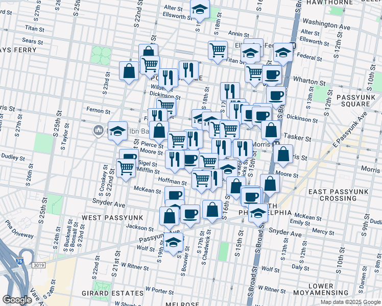 map of restaurants, bars, coffee shops, grocery stores, and more near 1741 South Cleveland Street in Philadelphia