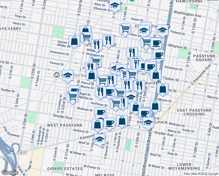 map of restaurants, bars, coffee shops, grocery stores, and more near 1741 South Cleveland Street in Philadelphia