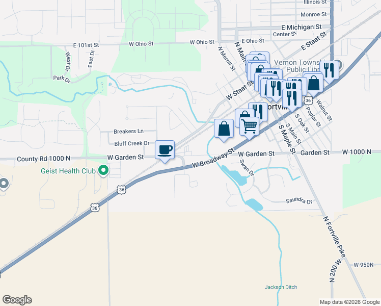 map of restaurants, bars, coffee shops, grocery stores, and more near 601 West Garden Street in Fortville
