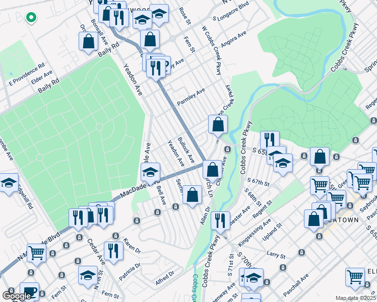 map of restaurants, bars, coffee shops, grocery stores, and more near 933 Bullock Avenue in Yeadon