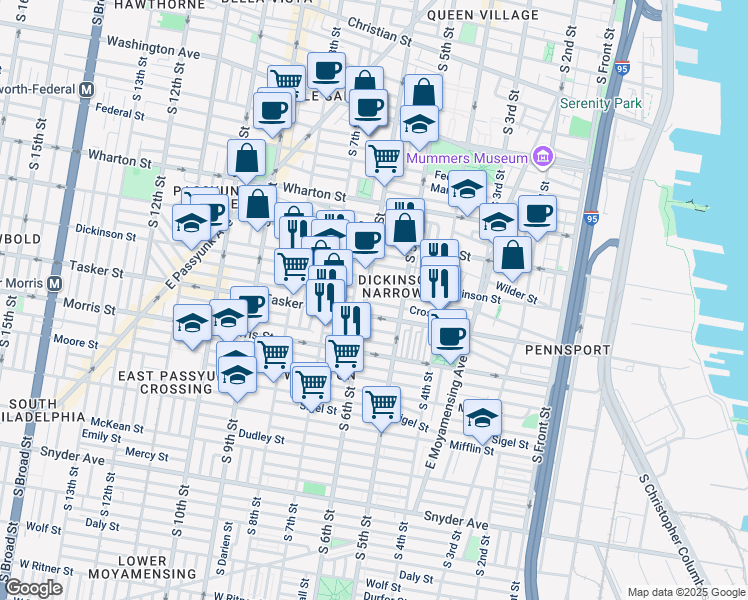 map of restaurants, bars, coffee shops, grocery stores, and more near 529 Cross Street in Philadelphia