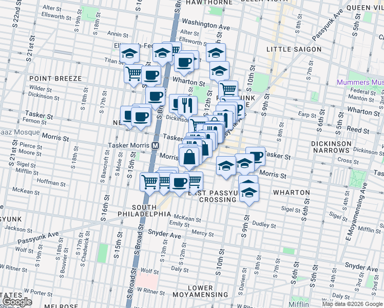 map of restaurants, bars, coffee shops, grocery stores, and more near 1634 South Camac Street in Philadelphia