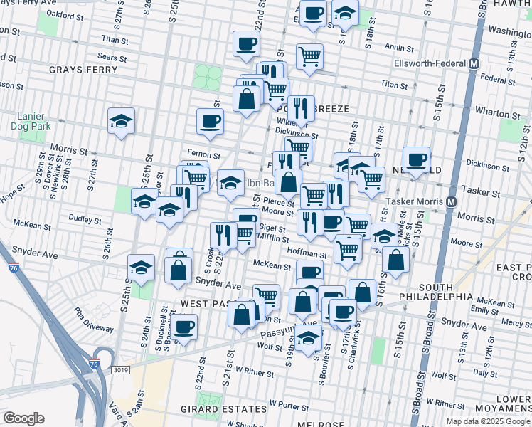 map of restaurants, bars, coffee shops, grocery stores, and more near 2044 Moore Street in Philadelphia