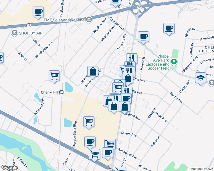 map of restaurants, bars, coffee shops, grocery stores, and more near 4035 Derby Court in Cherry Hill