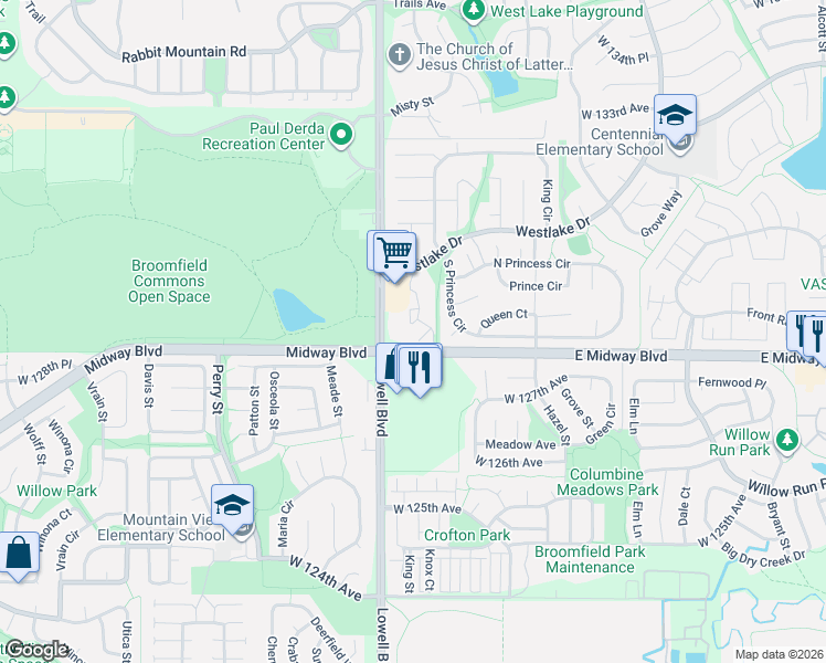 map of restaurants, bars, coffee shops, grocery stores, and more near 12852 King Street in Broomfield