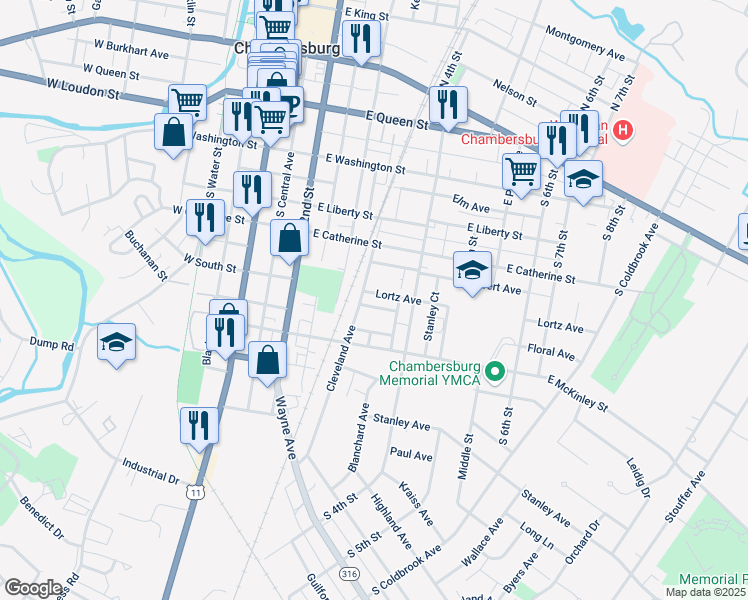 map of restaurants, bars, coffee shops, grocery stores, and more near 340 Lortz Avenue in Chambersburg