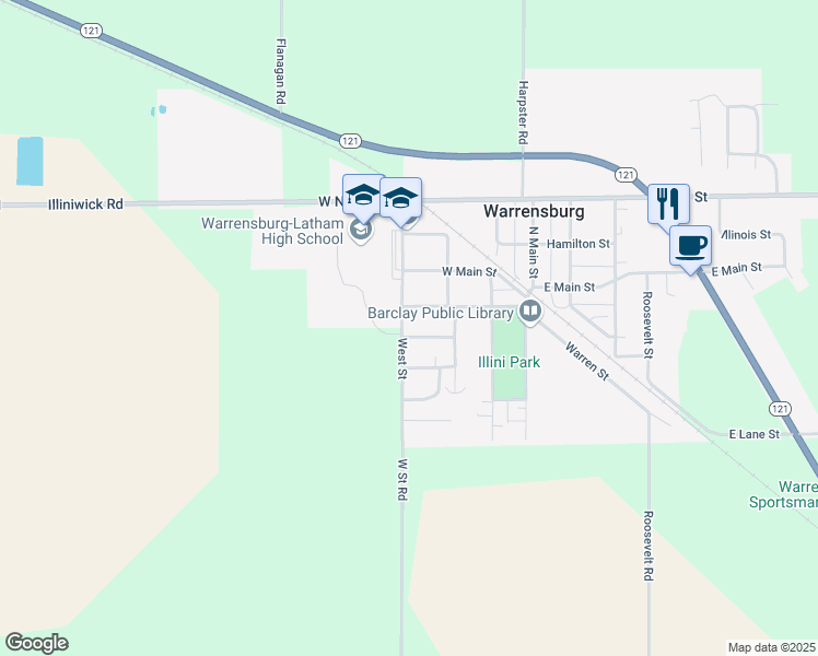 map of restaurants, bars, coffee shops, grocery stores, and more near 390 Northland Drive in Warrensburg