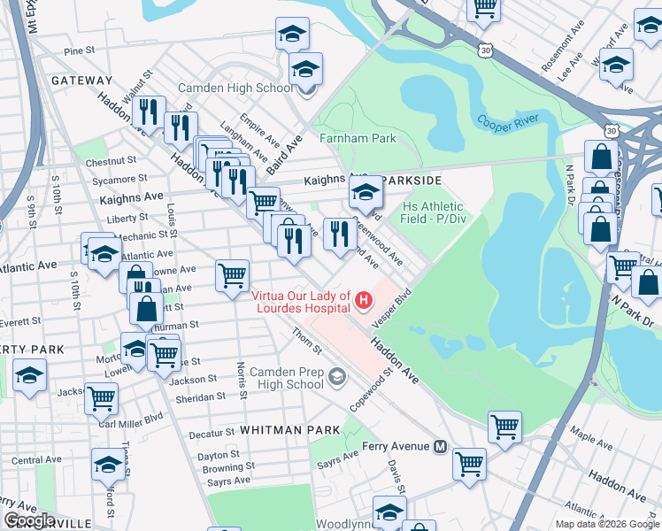 map of restaurants, bars, coffee shops, grocery stores, and more near 1465 Kenwood Avenue in Camden